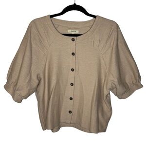 Madewell Top Women’s L Cropped Button Front Waffle Knit Puffy Pleated Sleeves